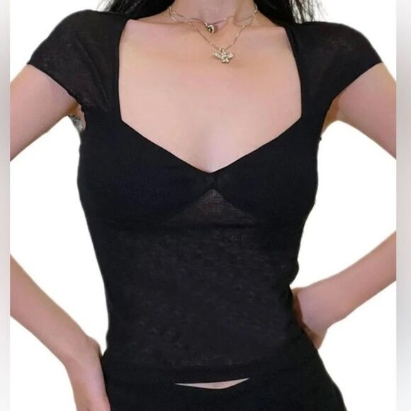 Commense Top Womens Medium Black Cutout cap Sleeve stretch semi sheer - Picture 1 of 16